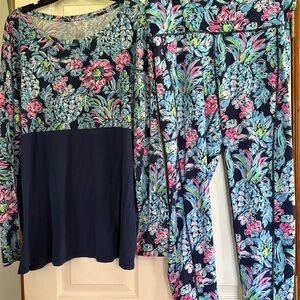 Lilly Pulitzer Navy Floral Lounge Top with Pink & Aqua Details size XL, pant set